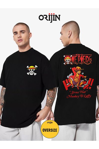 Orijin Tekstil One Piece Unisex Oversize Μαύρο T-Shirt - Εκτύπωση μπροστά και πίσω