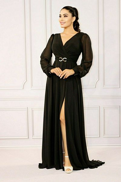 FaBe Fashion Double Breasted Collar Long Sleeve Waist Buckle Slit Chiffon Wedding And Outshooting Evening Dress
