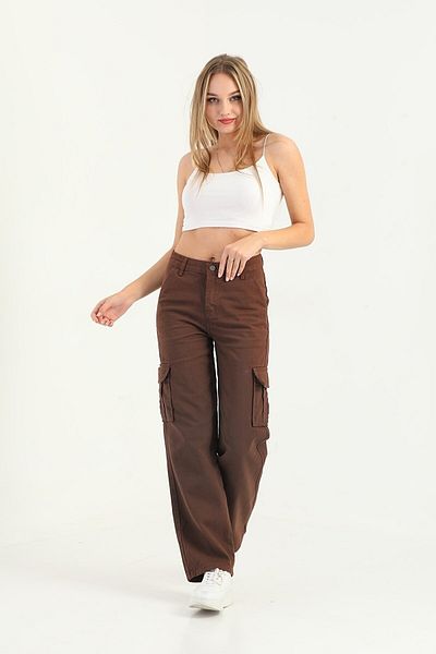 Livik Catina Hot Fashionnova Кафяви без заден джоб Cargo Pocket Свободни дънки с висока талия от ликра