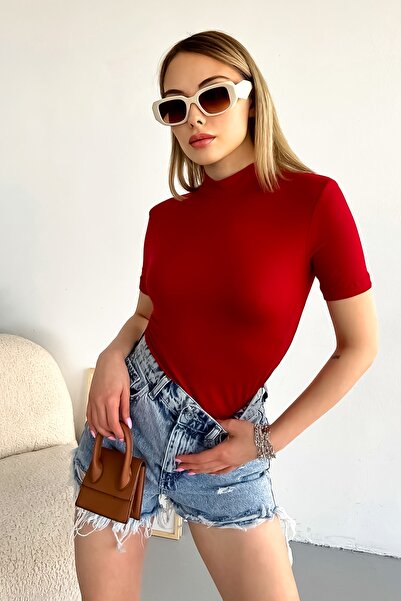 LACHT بدلة نسائية من الفيسكوز بأكمام قصيرة وياقة واقفة باللون العنابي