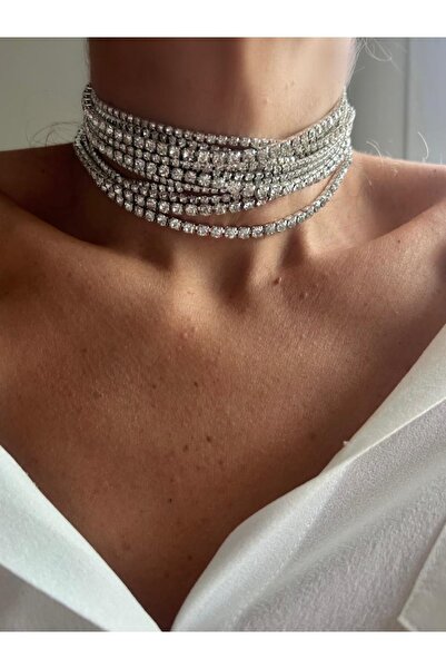 Rossetto Atelier Gümüş Kaplama Özel Üretim Çoklu Zirkon Taşlı Choker Kolye