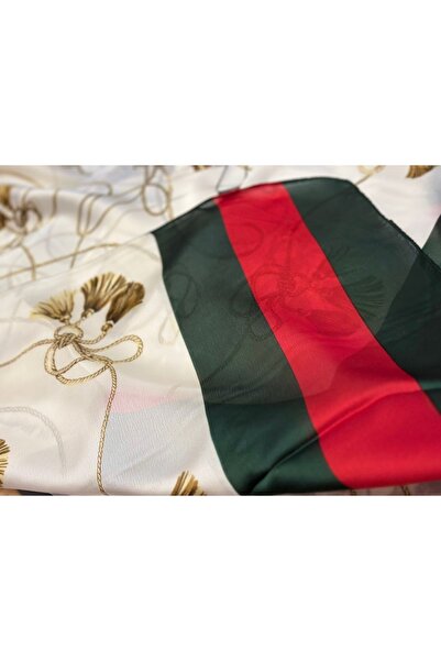 QUEEN AKSESUAR Εισαγόμενη μάρκα μόδας Πολυτελές κασκόλ Σάλι Κάλυμμα κεφαλής Αλυσίδα με μοτίβο φούντας Μεταξωτό ύφασμα 90x180 Λευκό χρυσό