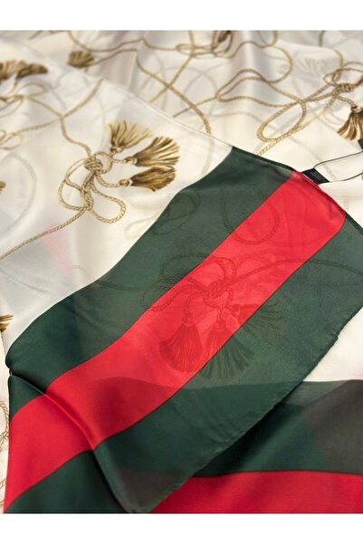 QUEEN AKSESUAR Εισαγόμενη μάρκα μόδας Πολυτελές κασκόλ Σάλι Κάλυμμα κεφαλής Αλυσίδα με μοτίβο φούντας Μεταξωτό ύφασμα 90x180 Λευκό χρυσό