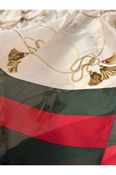 QUEEN AKSESUAR Εισαγόμενη μάρκα μόδας Πολυτελές κασκόλ Σάλι Κάλυμμα κεφαλής Αλυσίδα με μοτίβο φούντας Μεταξωτό ύφασμα 90x180 Λευκό χρυσό