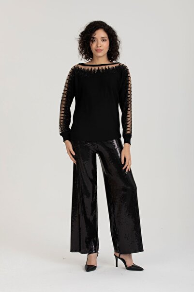 trikobis Sequined Regular Waist Wide Leg Pants