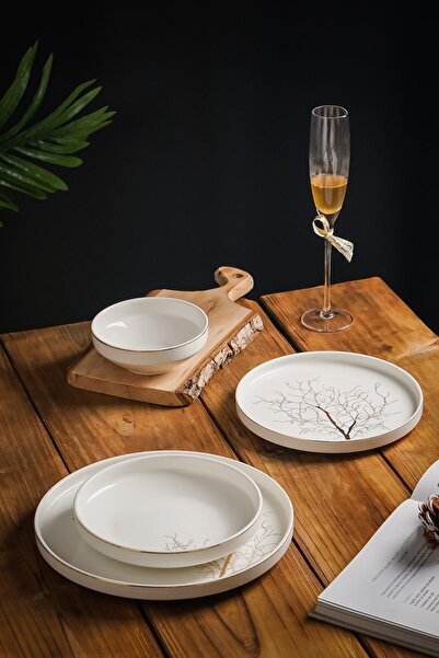 Genel Markalar Modern Altın 24 Parça 6 Kişilik Hayat Ağacı Desenli Porselen Y...