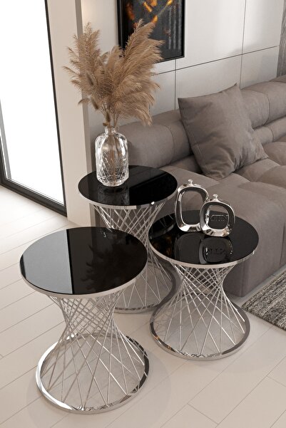 Nies Aksesuar Hasır 3'lü Pota Zigon Sehpa Gümüş Kaplama Füme Ayna