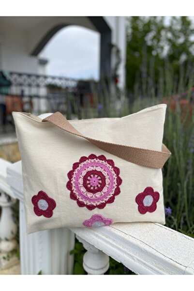 Handream Çiçekler Ve Mandala (PEMBE/FUŞYA) Örgülü Bez Omuz Çantası