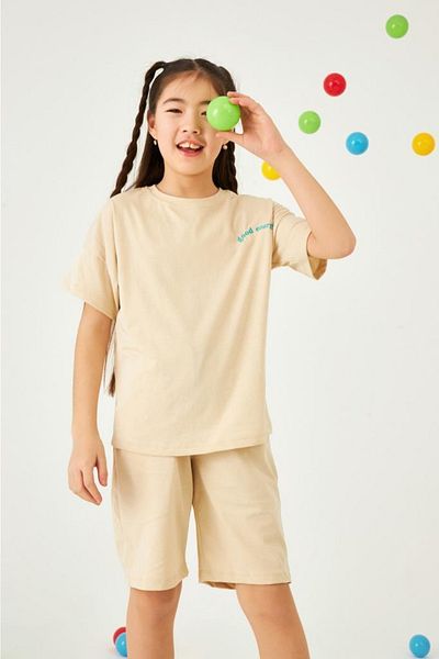 Perendi Crew Neck Low Shoulder Basic Κεντημένο σορτς Unisex Παιδικό Διπλό Σετ Πέτρα