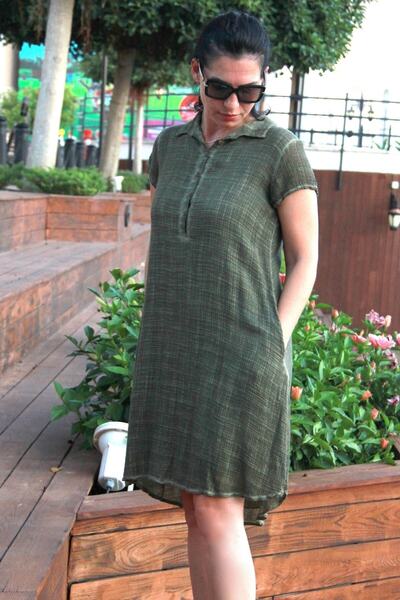 Bohemian Women's Khaki Honeycomb Textured Lace Detailed Natural Cotton Dress