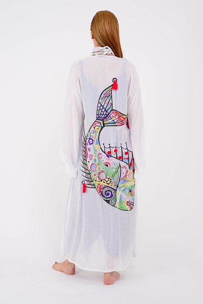 Hazinedan Kimono de damă cu paiete și pompon brodat cu model de pește