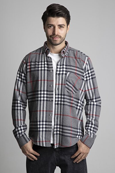 alenmeza Ανδρικό πουκάμισο μοντέρνας εφαρμογής σε γκρι καρό χρώμα με τσέπες