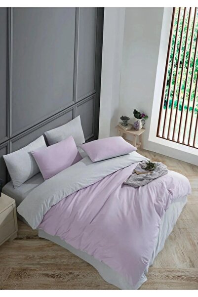 Sheri Home Lilac Düz Desen 4 Yastıklı Çift Taraflı Çift Kişilik Nevresim Takı...