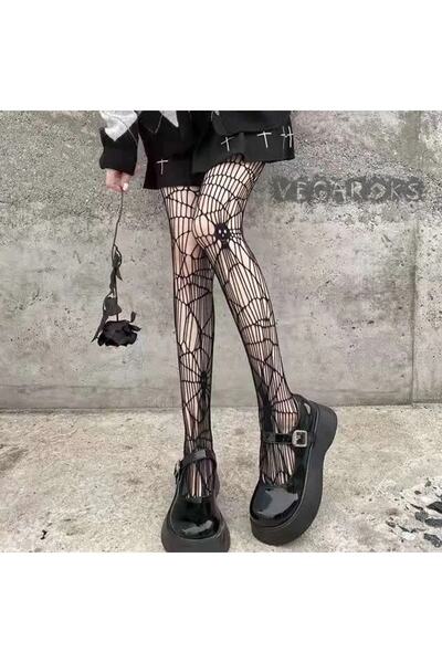 VEGAROKS جوارب طويلة شبكية مستوردة بنمط جمجمة Punk Gothic