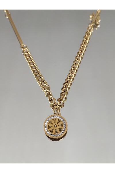 ZD JEWELRY Kadın Çelik Güneş Sembollü Zirkon Taşlı Kolye
