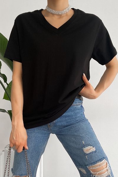 FEMELLE Tricou de bază, negru, cu decolteu în V, 100% bumbac