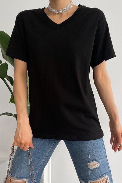 FEMELLE Tricou de bază, negru, cu decolteu în V, 100% bumbac