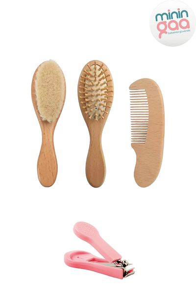 Miningaa Set of 3 Wooden Baby Brush and Massage Comb Set and Yellow Color Nail Clipper