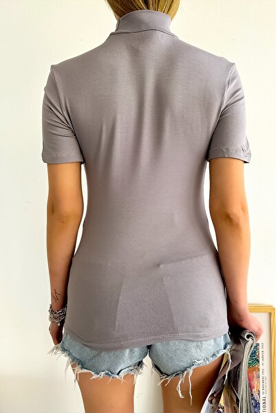 LACHT Γυναικείο κορμάκι με κοντό μανίκι γκρι όρθιο γιακά βισκόζης