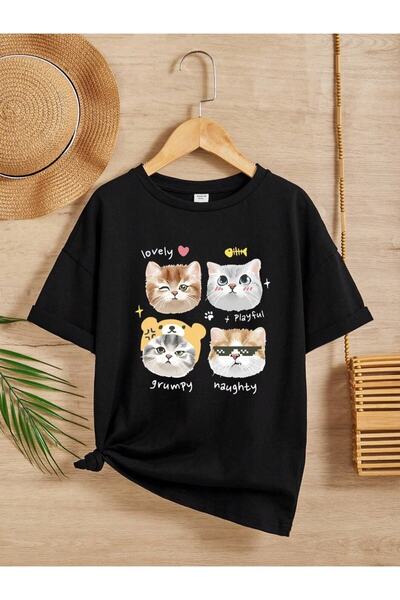 Machetta تي شيرت للأطفال برقبة دائرية كبيرة الحجم مطبوع عليه رموز تعبيرية على...