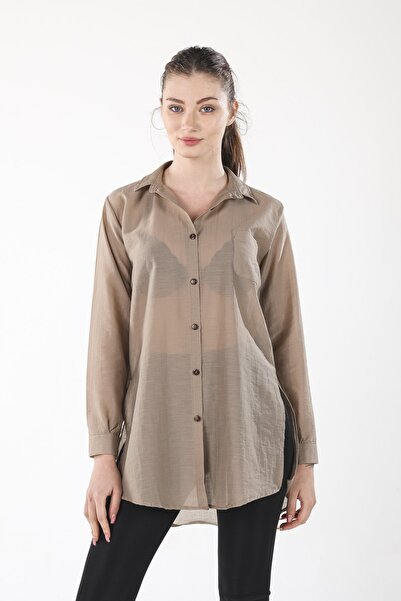 ALİS DRESS Bej Yanı Yırtmaçlı Uzun Gömlek