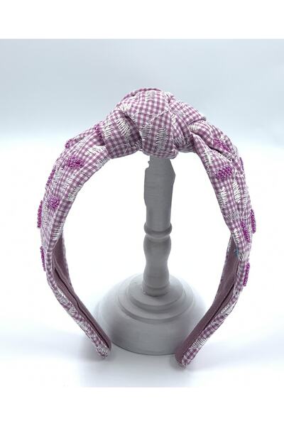 ZELİCE TASARIM Lilac Check Bead Embroidery Scallop Knotted Crown