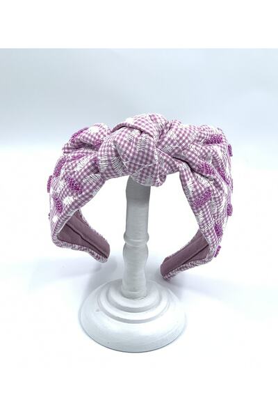 ZELİCE TASARIM Lilac Check Bead Embroidery Scallop Knotted Crown