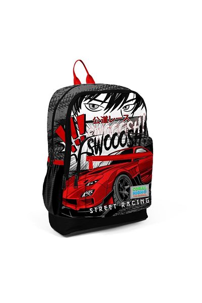 Coral High Rucsac de școală cu patru compartimente pentru copii, negru, roșu, cu model de mașină anime 23747