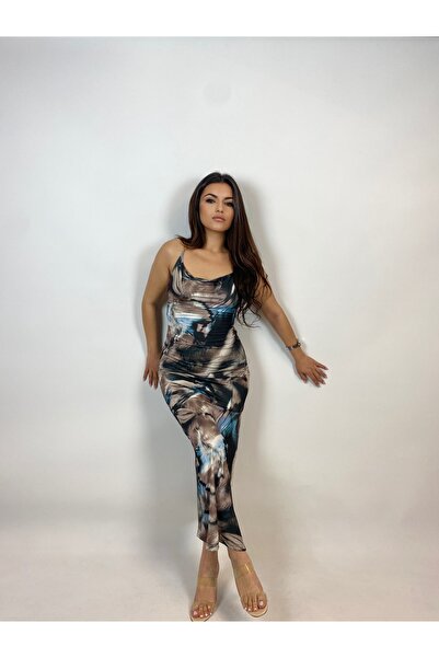 fabbwomen Gold Zincir Askılı Desenli Midi Boy Elbise