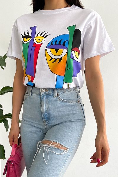 FEMELLE Women's White Crew Neck Printed Cotton T-Shirt