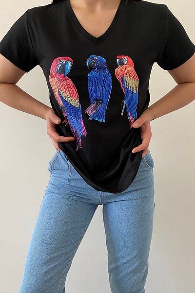 FEMELLE Tricou negru pentru femei, cu decolteu în V, cu paiete papagal, brodat din bumbac 100%