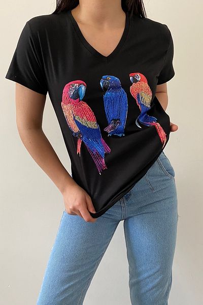 FEMELLE Tricou negru pentru femei, cu decolteu în V, cu paiete papagal, brodat din bumbac 100%