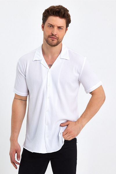 CLIPMAN Мъжка риза с къс ръкав Slim Fit, 2 броя, с щампа и щампа, ленена, с отворена яка, черно-бяла, 34 бр.