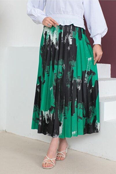 benguen 4553 Patterned Pleated Hijab Skirt Green