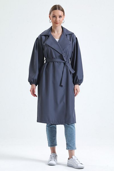 MD trend Women's Gray Double Pocket Balloon Sleeve Belted Trench Coat