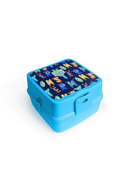 Coral High Bol de hrănire pentru copii, albastru, galben neon, cu model, cu patru compartimente, cu furculiță și lingură 32995