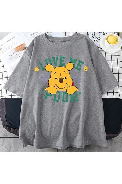 BE QUEEN Plus Size Special Production Love Me Pooh Printed 100% Cotton Oversize Women's T-shirt