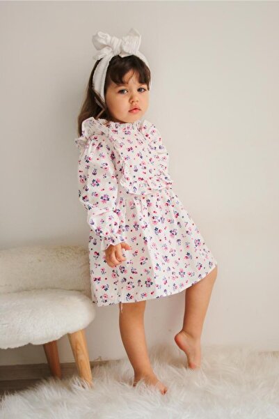 mini kanka Flower Patterned Cotton Dress with Laced Sleeves and Collar