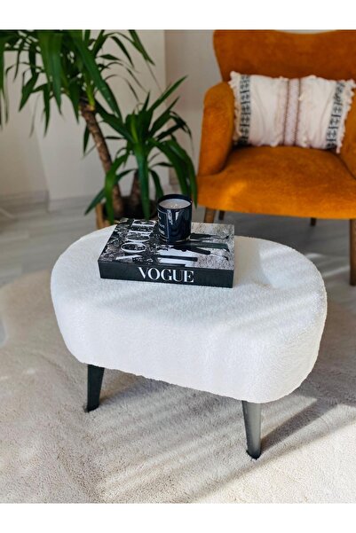 WEBPANYA Gürgen Siyah Ahşap Ayak Kırık Beyaz Pofidik Tedy Handmade Oval Puf Bench Sandalye