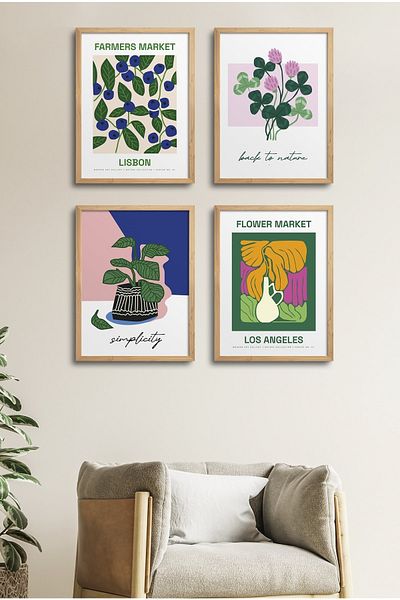 HOMEPACK Комплект от 4 рамкирани картини - Цветен дизайн 18x23 см 30x40 см Черно-бяло с дървена рамка - D-040