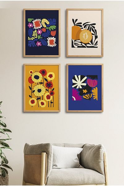 HOMEPACK Комплект от 4 рамкирани картини - Цветен дизайн 18x23 см 30x40 см Черно-бяло с дървена рамка - D-031