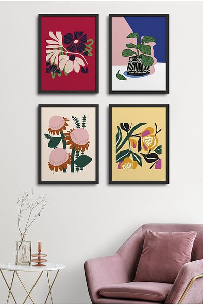 HOMEPACK Set de pictură cu cadru de 4 piese? Design de flori 18x23 Cm 30x40 Cm cu rama din lemn alb-negru? D-032