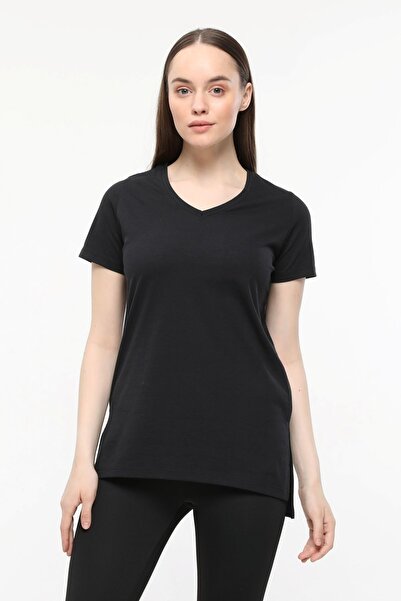 defys Tricou pentru femei, cu decolteu în V, cu mânecă scurtă, cu spate lung, cu croiala obișnuită, basic negru