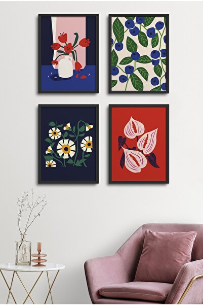 HOMEPACK 4 Parça Çerçeveli Tablo Seti? Flower Desıng 18x23 Cm 30x40 Cm Si?yah...