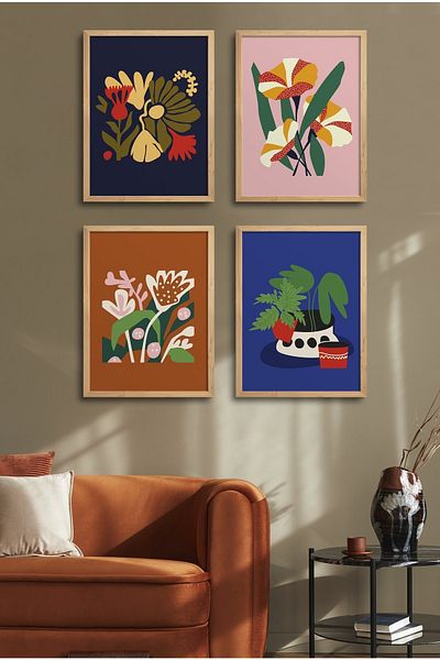 HOMEPACK Комплект от 4 рамкирани картини с цветен дизайн 18x23 см 30x40 см черно-бяло с дървена рамка D-029