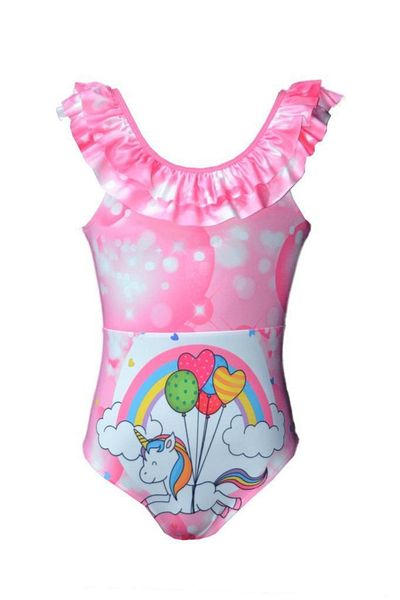 İYİBU Girl's Strappy Frilly Slip Swimsuit Unicorn Patterned Pink
