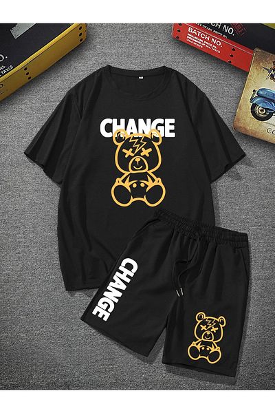 YUVEST Blackrock Unisex Oversize Change Printed Black Crew Neck T-shirt Shorts