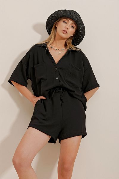 Trend Alaçatı Stili Schwarzes Aerobin-Shirt und Shorts aus Baumwolle mit zwei Taschen für Damen, Doppelset ALC-X10340