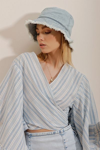 Trend Alaçatı Stili Pălărie de găleată din denim albastru cu ciucuri pentru femei ALC-X10351