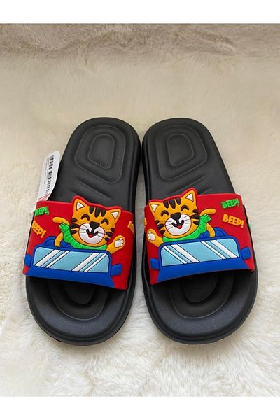 GEZER Car Cat Patterned Anti-Slip Red Blue Unisex Children's Slippers